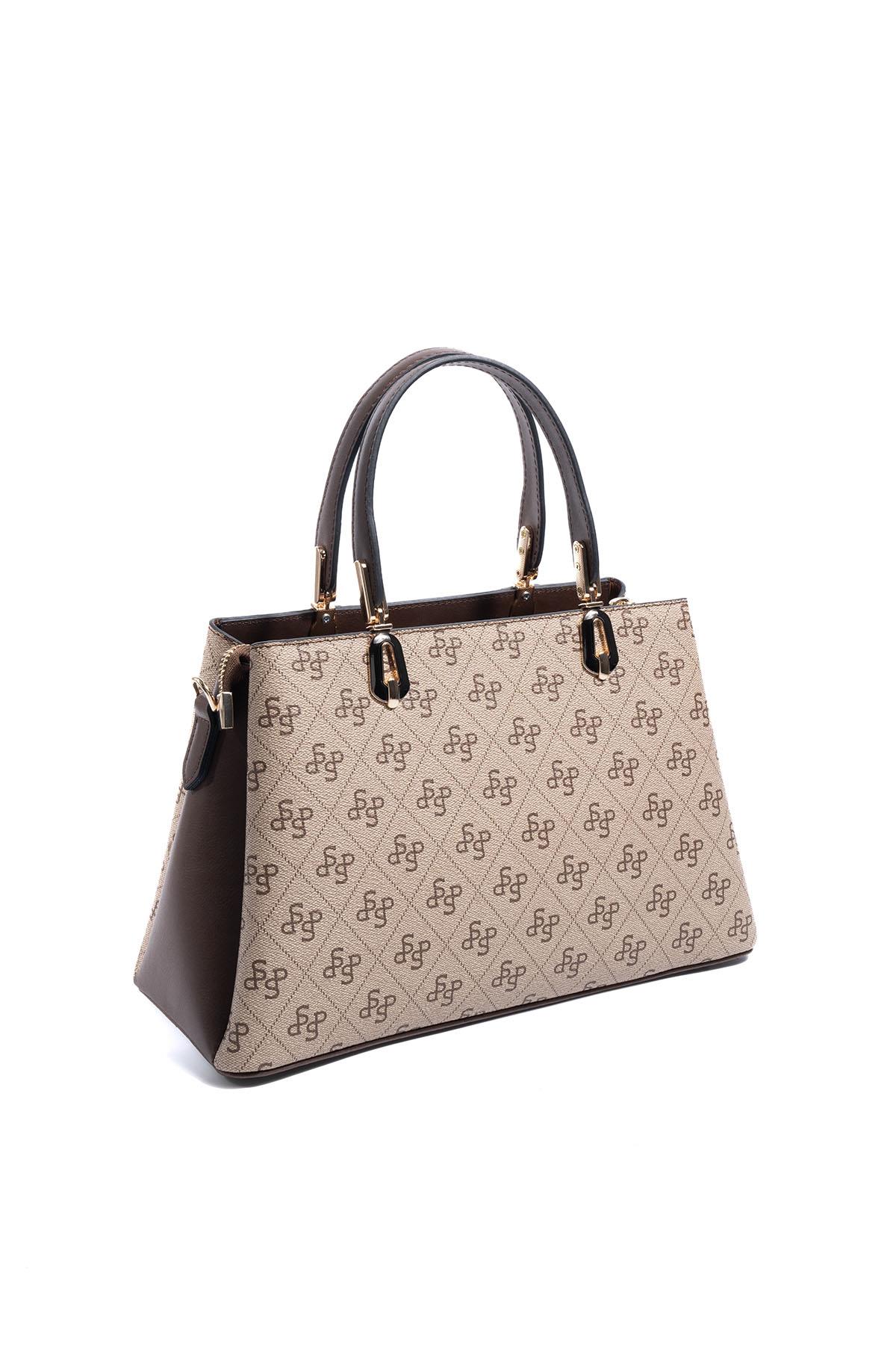 Silver Polo SP1253 Kadın El Çantası Monogram Koyu Bej-Kahve