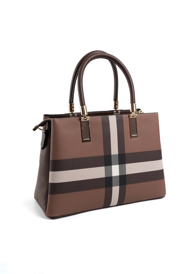 Silver & Polo SP1000 Kadın El Çantası Ekose Koyu Kahve-Kahve