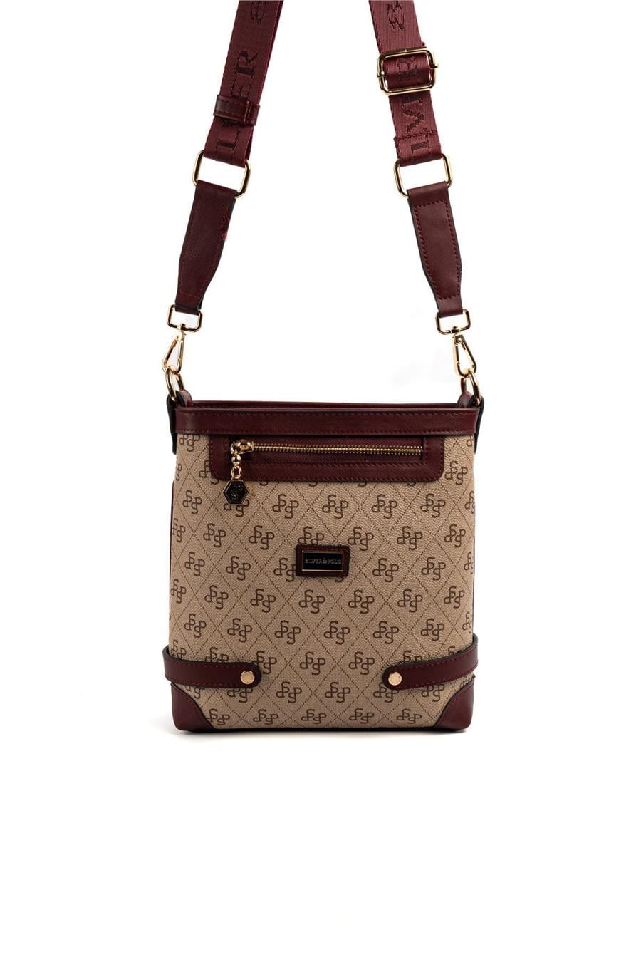 Silver Polo Koyu Bej - Bordo Monogram Kadın Çapraz Çanta SP1120