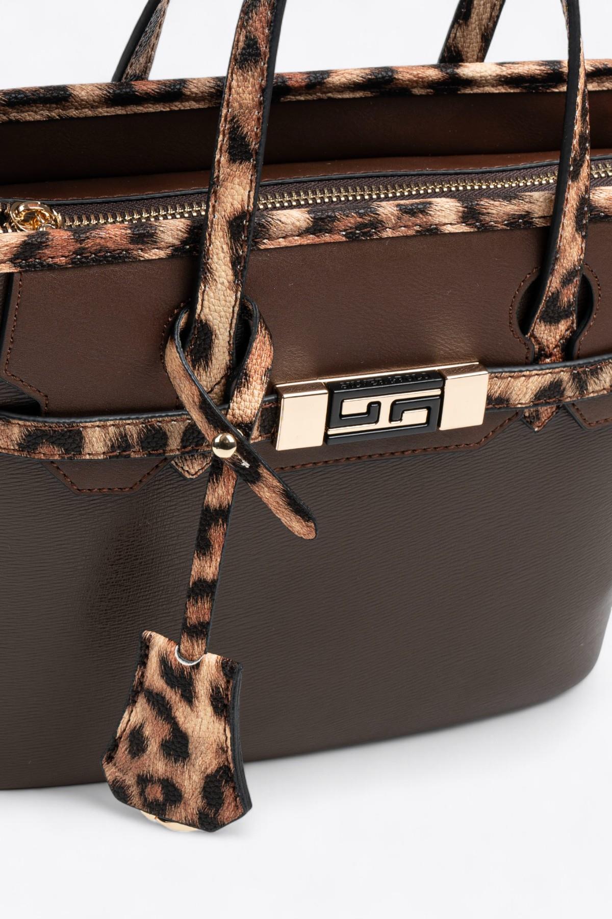 Silver Polo SP1185 Kadın El Çantası Düz Kahve-Leopar Taba