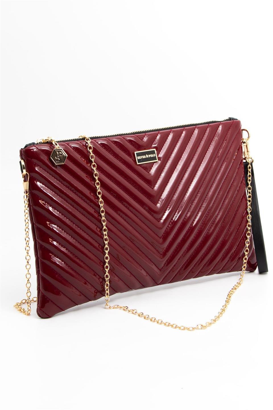 Silver & Polo SP1034 Kadın Portföy & Clutch Kapitone V Rugan Bordo