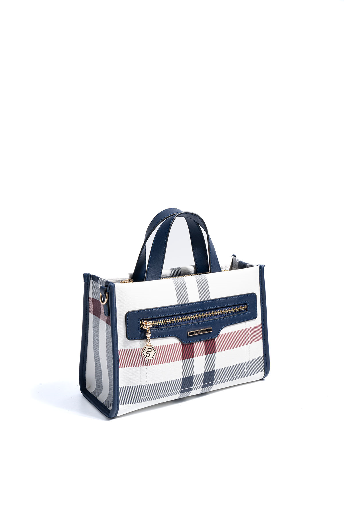Silver & Polo SP1271 Kadın El Çantası Ekose Beyaz-Lacivert