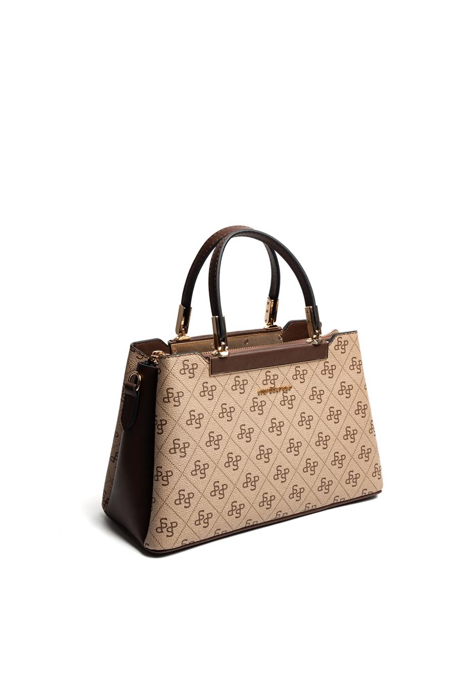 Silver & Polo SP913 Kadın El Çantası Monogram Koyu Bej-Kahve