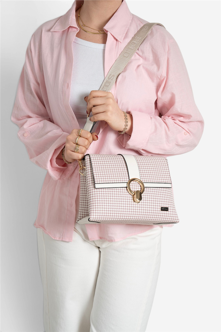 Silver Polo Bordo - Kemik Kaz Ayağı Ekose Kadın Çapraz Çanta SP1275