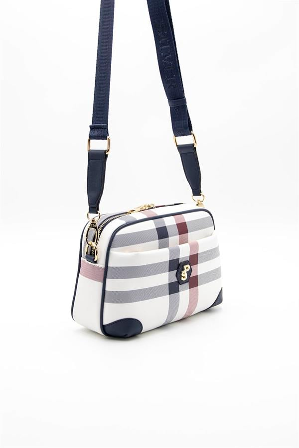 Silver & Polo SP1094 Kadın Çapraz Çanta Ekose Beyaz-Lacivert