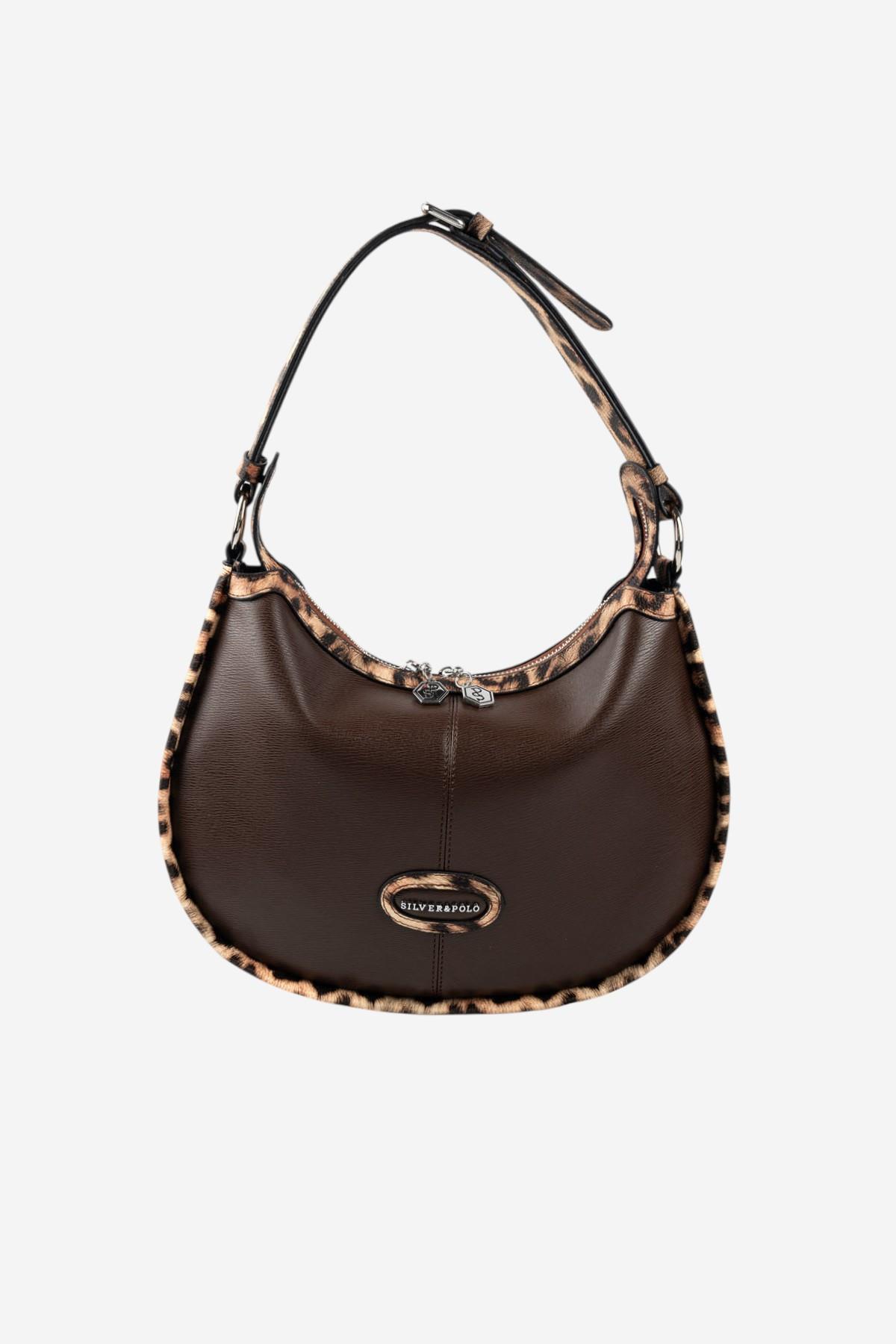 Silver Polo Kahve - Leopar Taba Düz Kadın Omuz Çantası SP1263