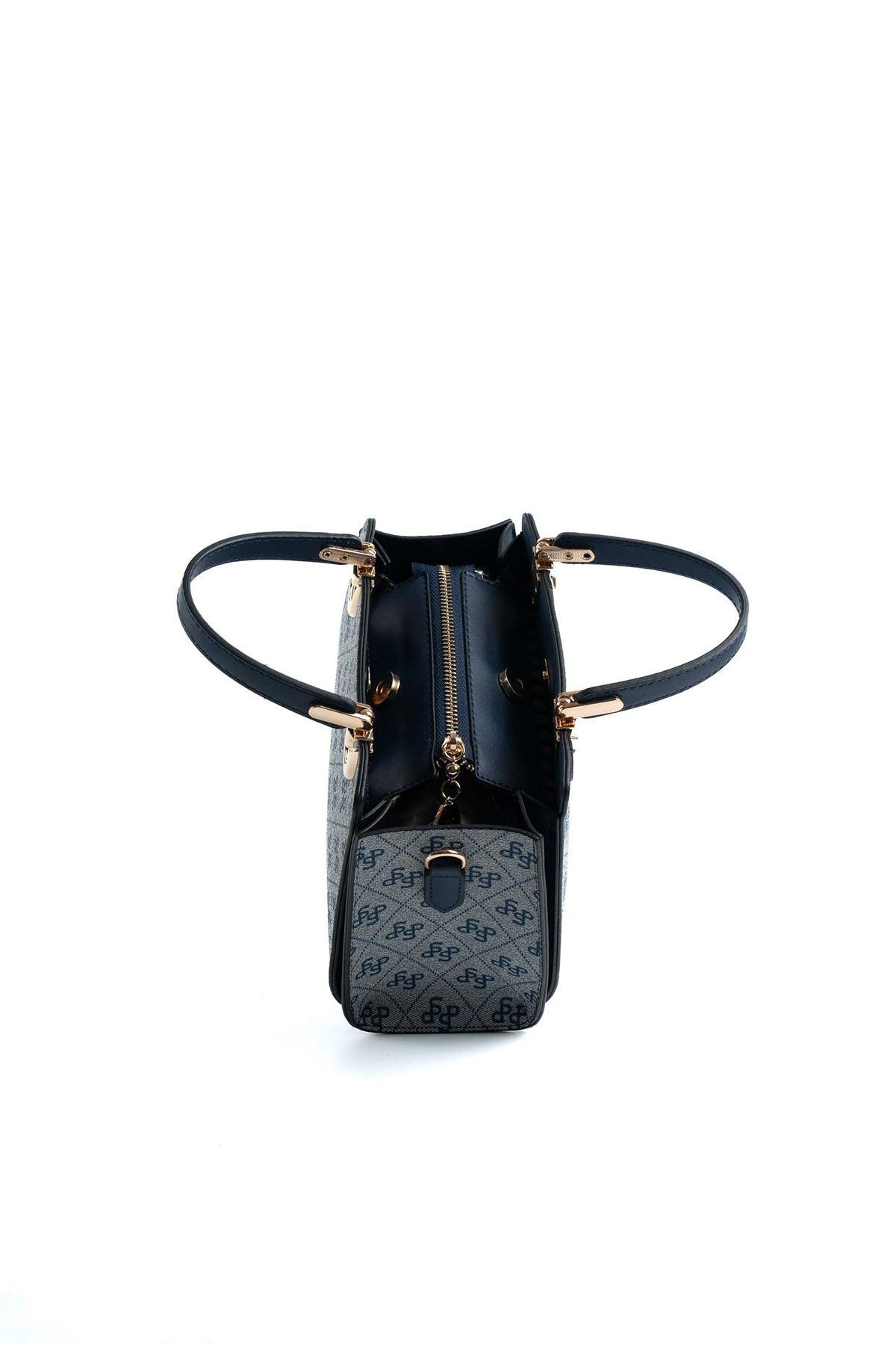 Silver & Polo SP1133 Kadın El Çantası Monogram Gri-Lacivert