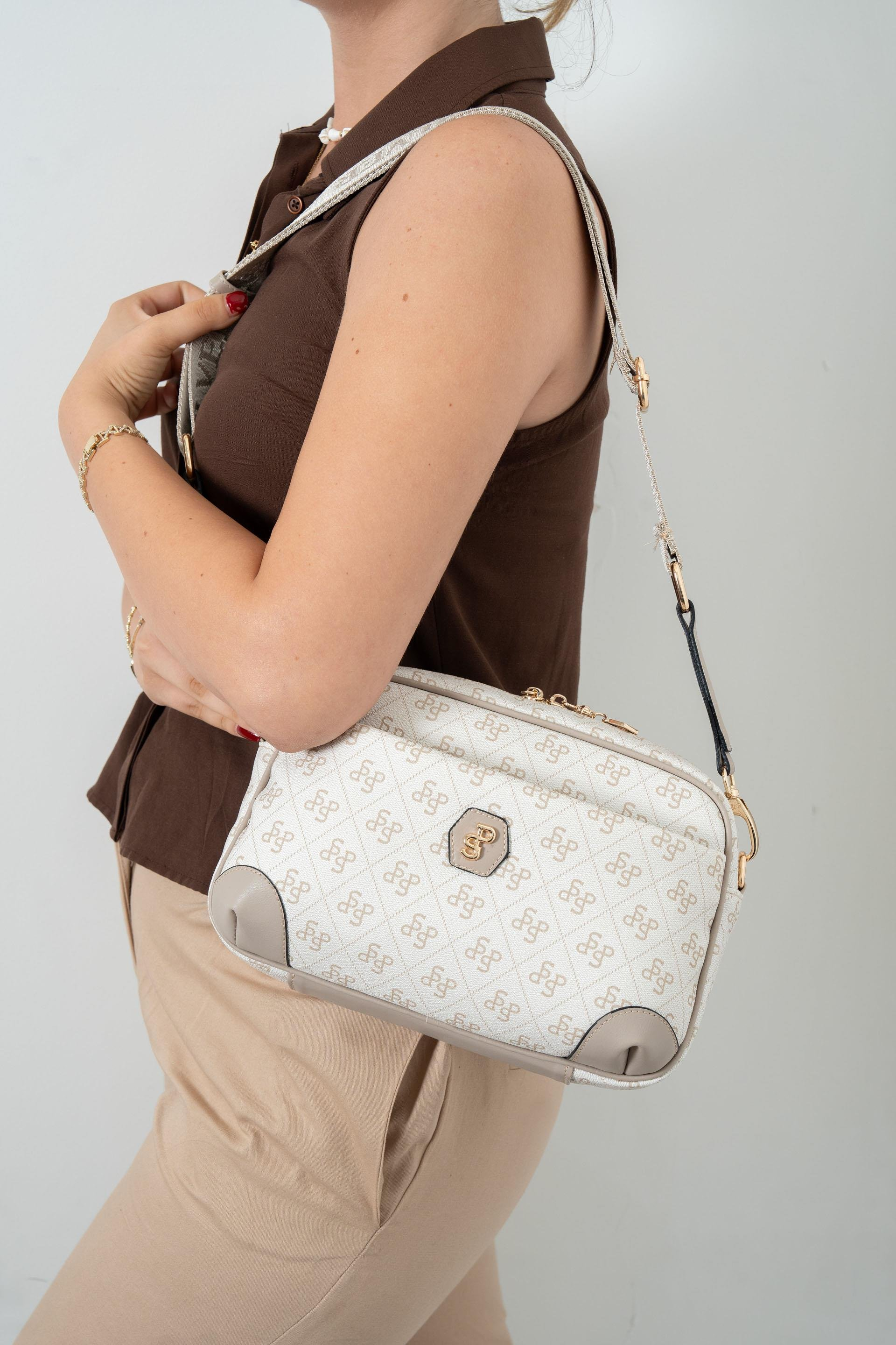 Silver Polo SP1094 Kadın Çapraz Çanta Monogram Bej-Kum
