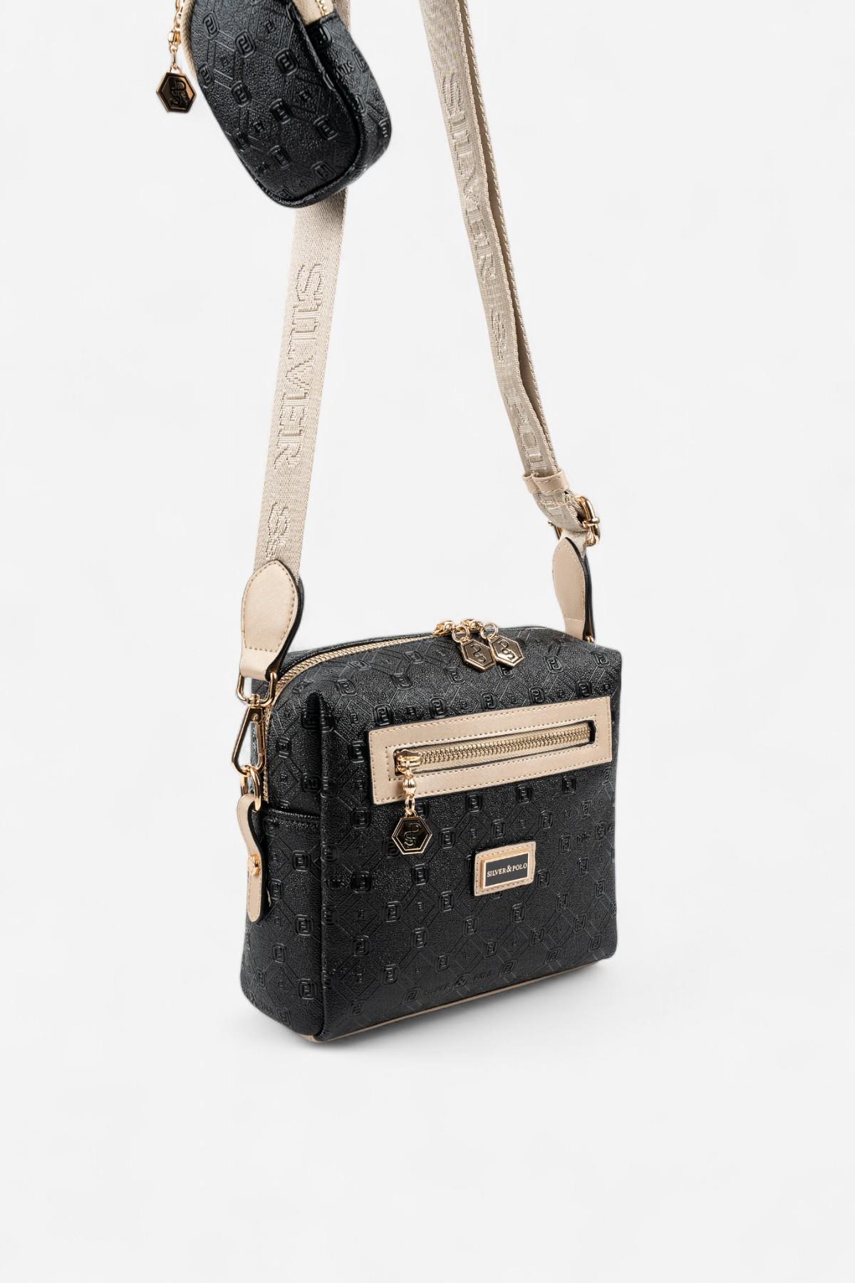 Silver & Polo SP1038 Kadın Çapraz Çanta Logolu Siyah-S.Nut