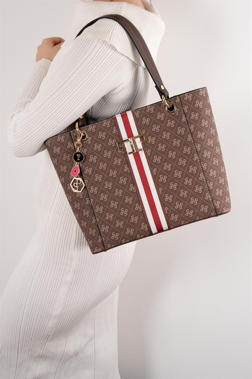 Silver & Polo SP1176 Kadın Omuz Çantası Şeritli Monogram Kahve