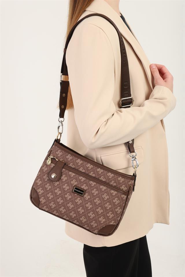 Silver & Polo SP1160 Kadın Çapraz Çanta Monogram Kahve