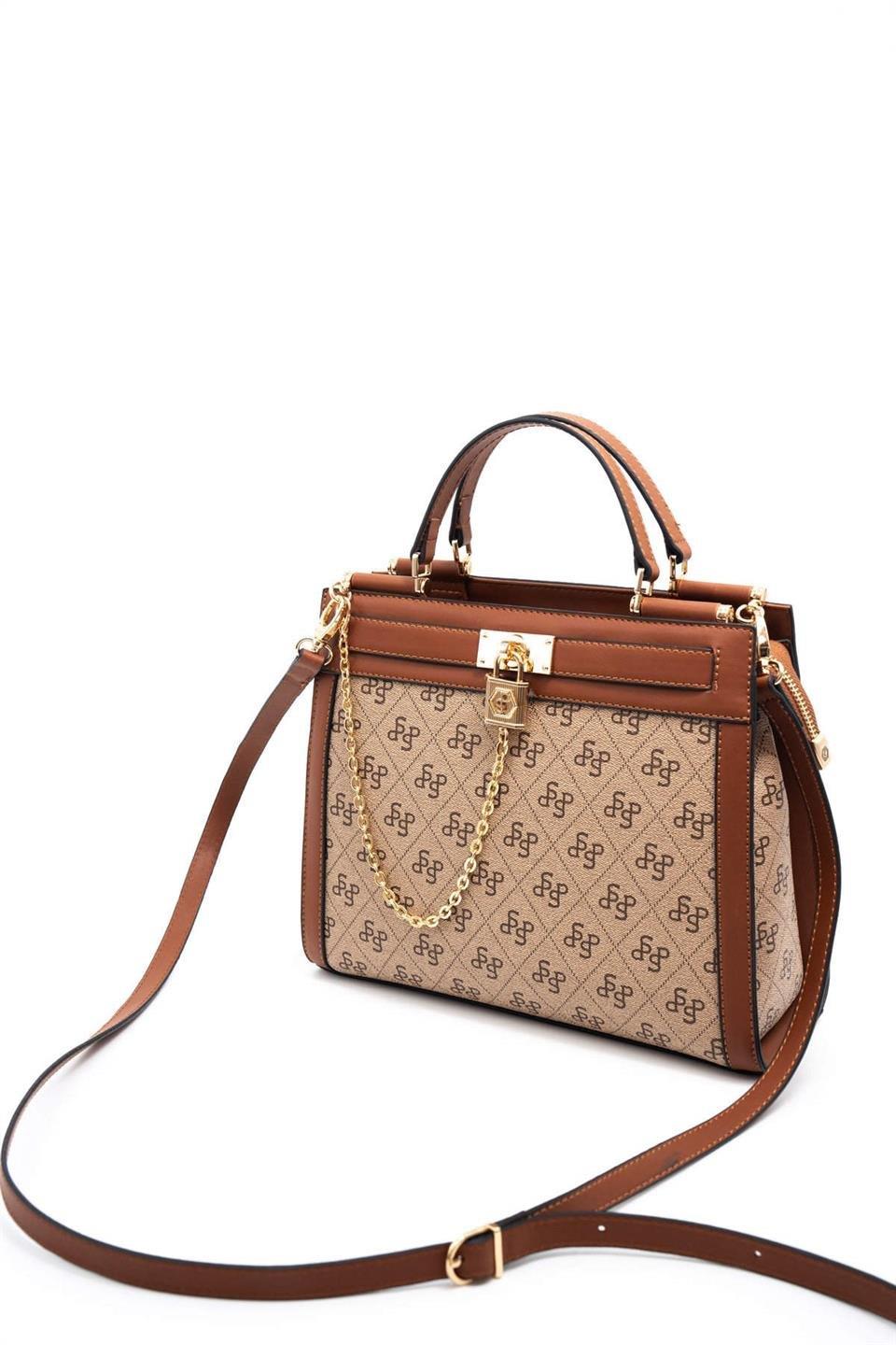 Silver & Polo SP1166 Kadın El Çantası Monogram Koyu Bej-Taba