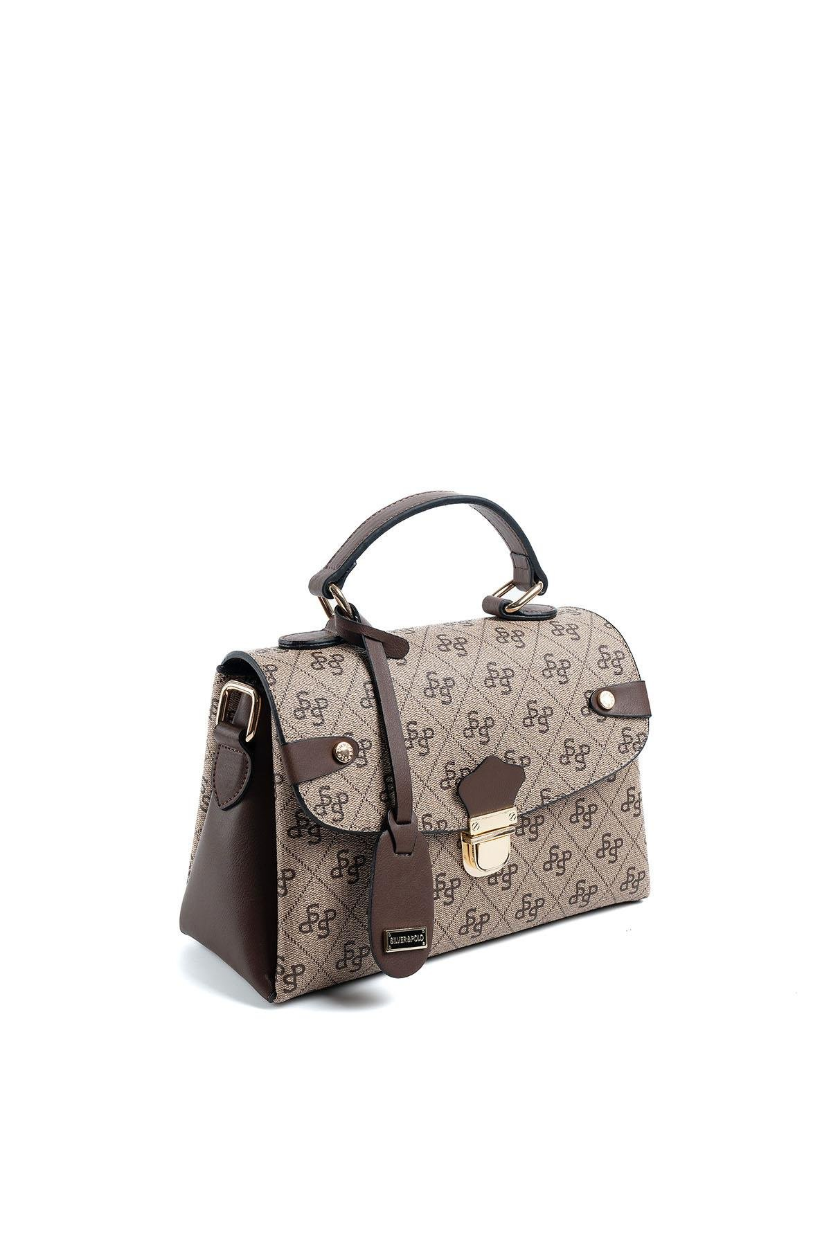Silver & Polo SP1159 Kadın El Çantası Monogram Koyubej-Kahve