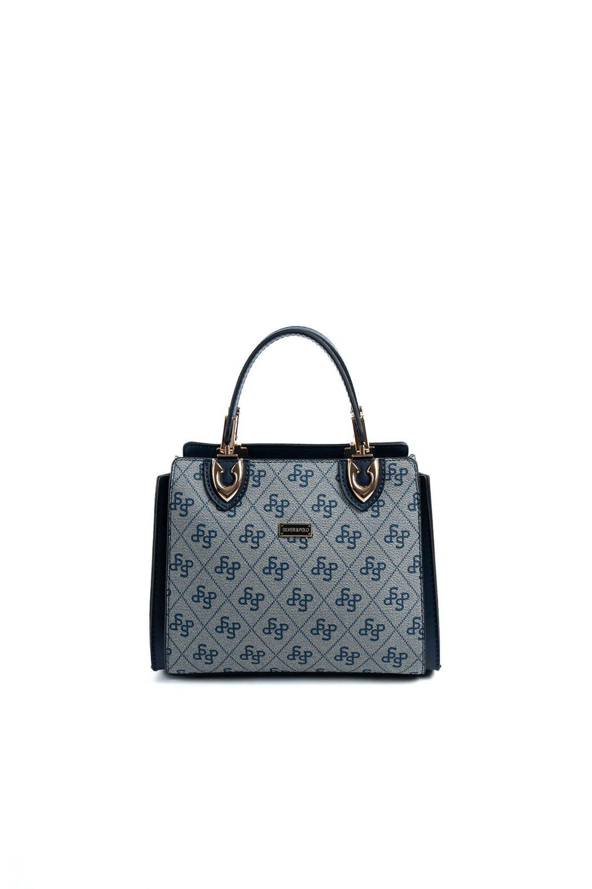 Silver & Polo SP1133 Kadın El Çantası Monogram Gri-Lacivert