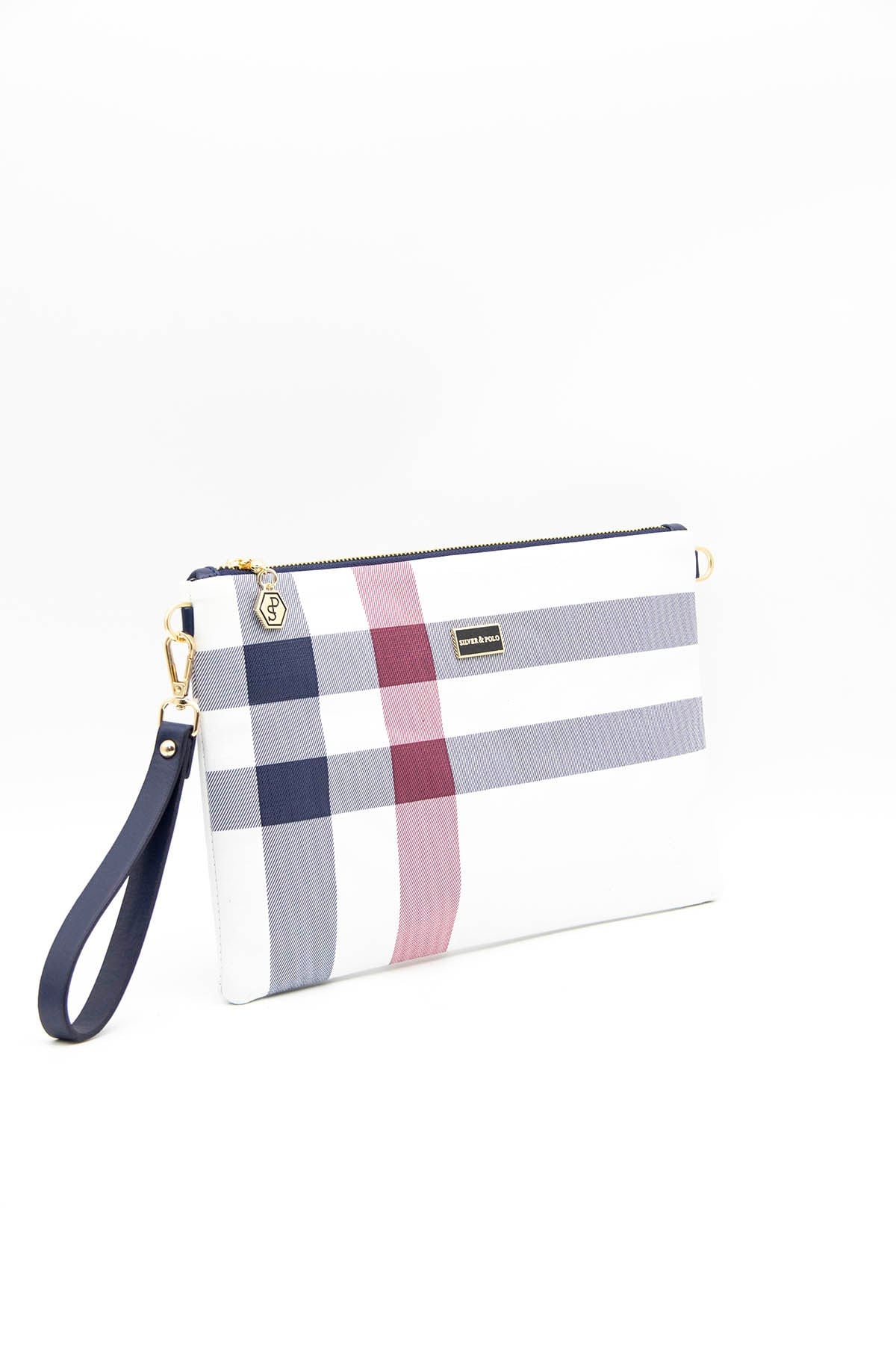 Silver Polo Beyaz - Lacivert Ekose Kadın Portföy ve Clutch El Çantası SP1034