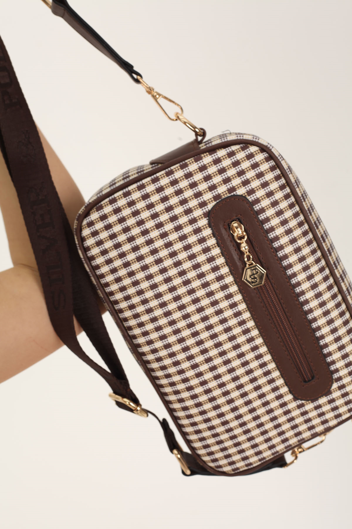 Silver Polo Kahve Sarı - Kahve Ekose Line Kare Kadın Çapraz Çanta SP1267