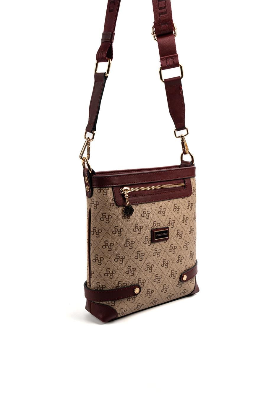Silver Polo Koyu Bej - Bordo Monogram Kadın Çapraz Çanta SP1120