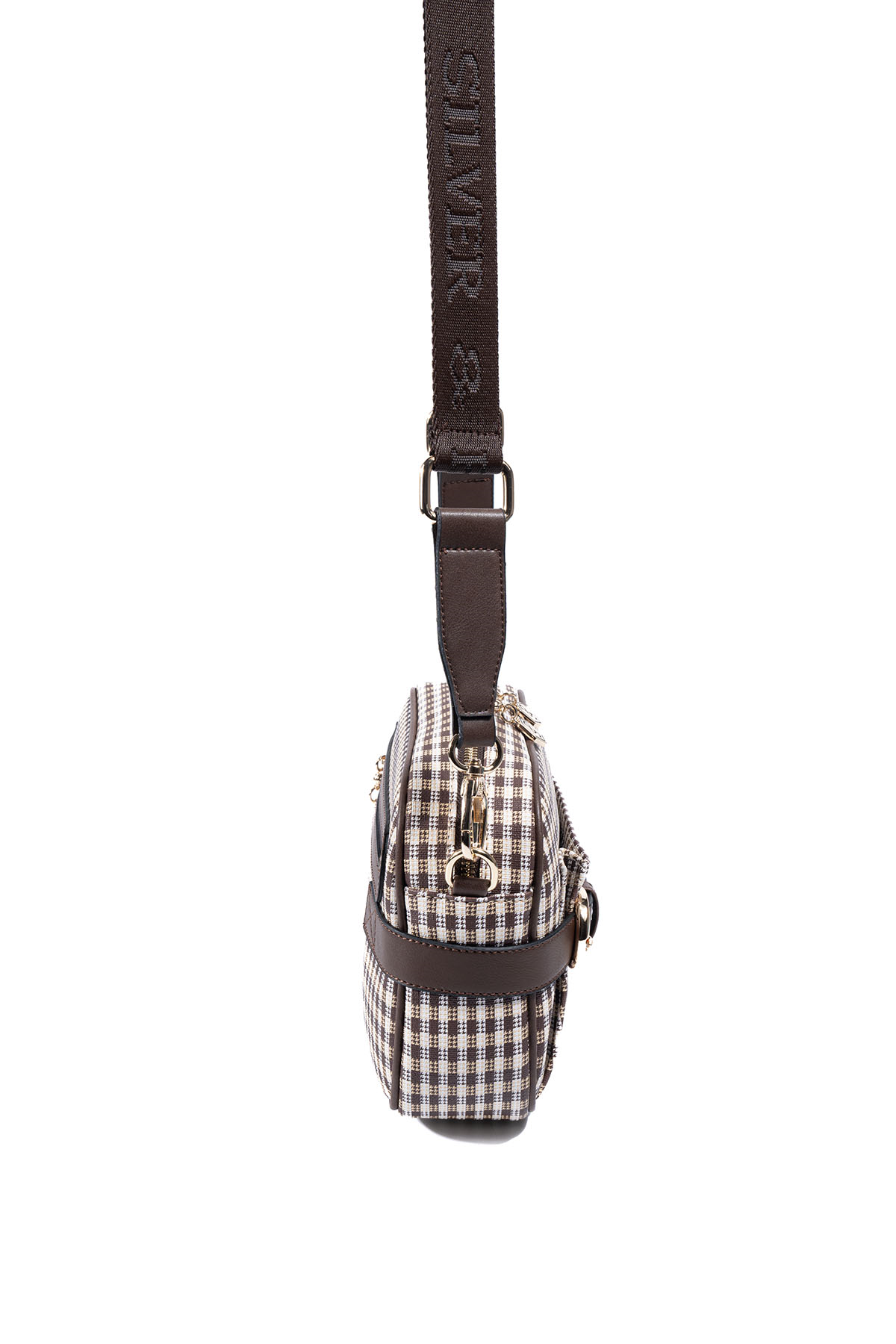 Silver Polo Kahve Sarı - Kahve Ekose Line Kare Kadın Çapraz Çanta SP1256