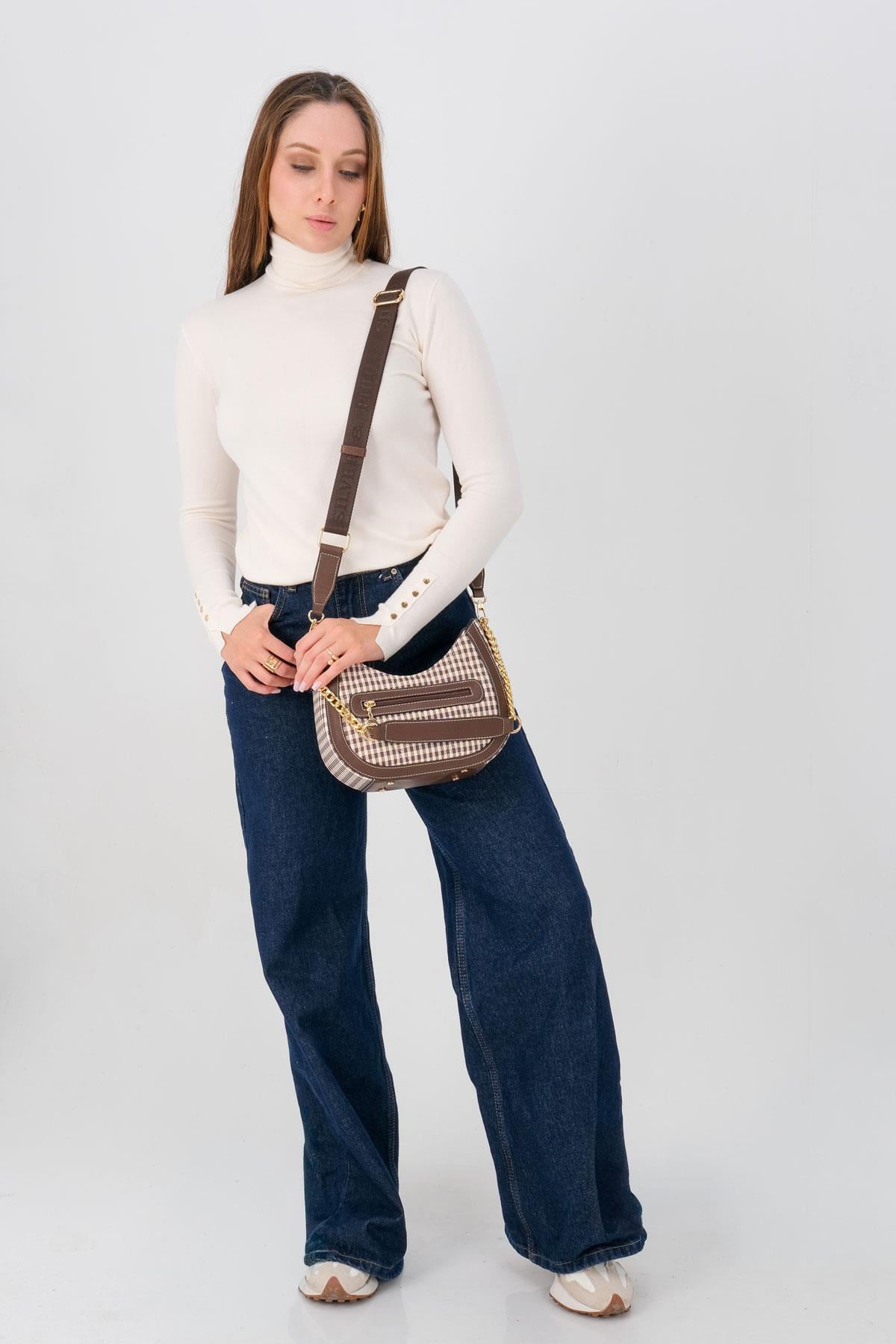 Silver Polo Kahve Sarı - Kahve Ekose Line Kare Kadın Omuz Çantası SP1168