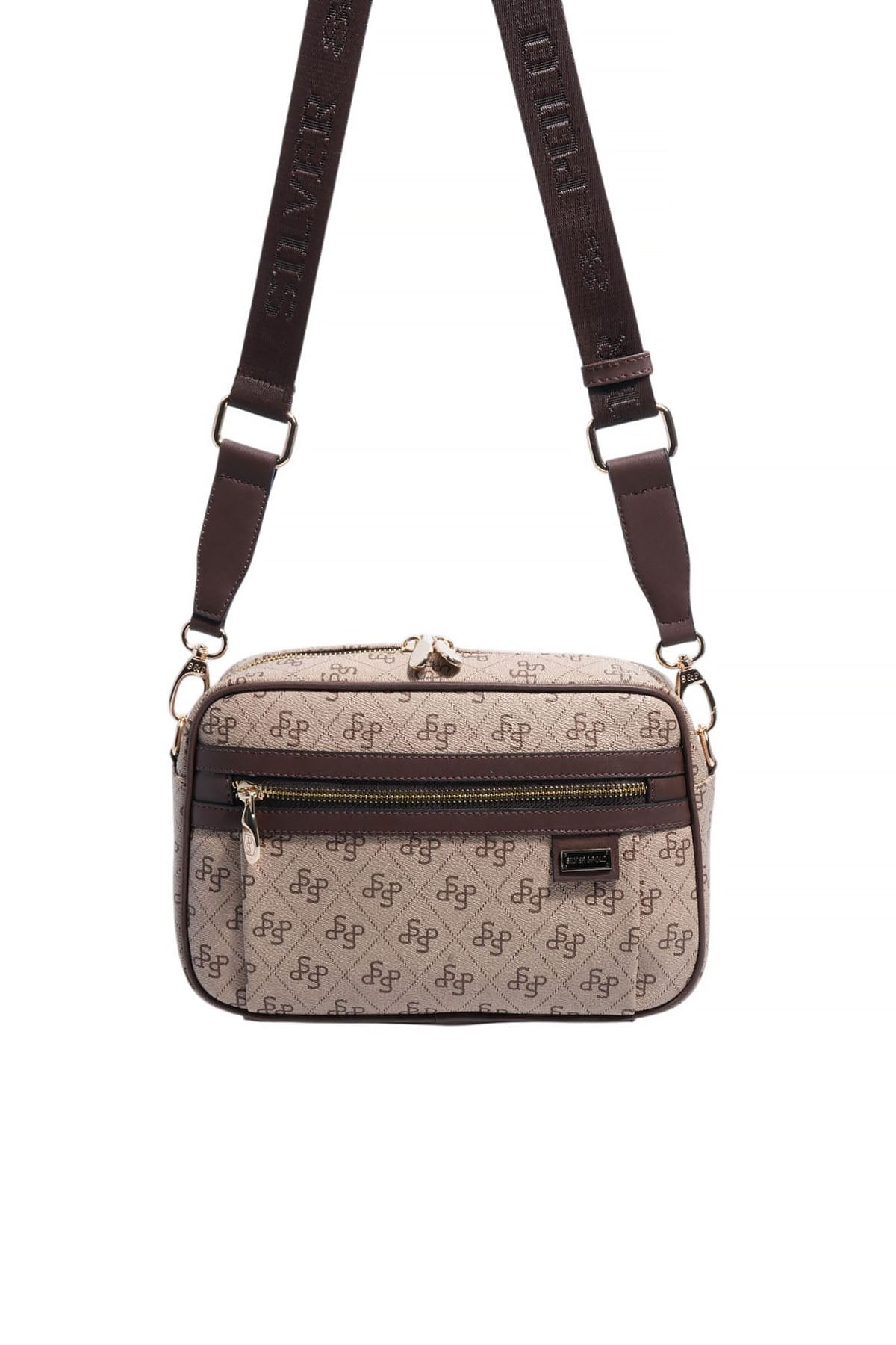 Silver Polo Koyu Bej - Kahve Monogram Kadın Çapraz Çanta SP1280