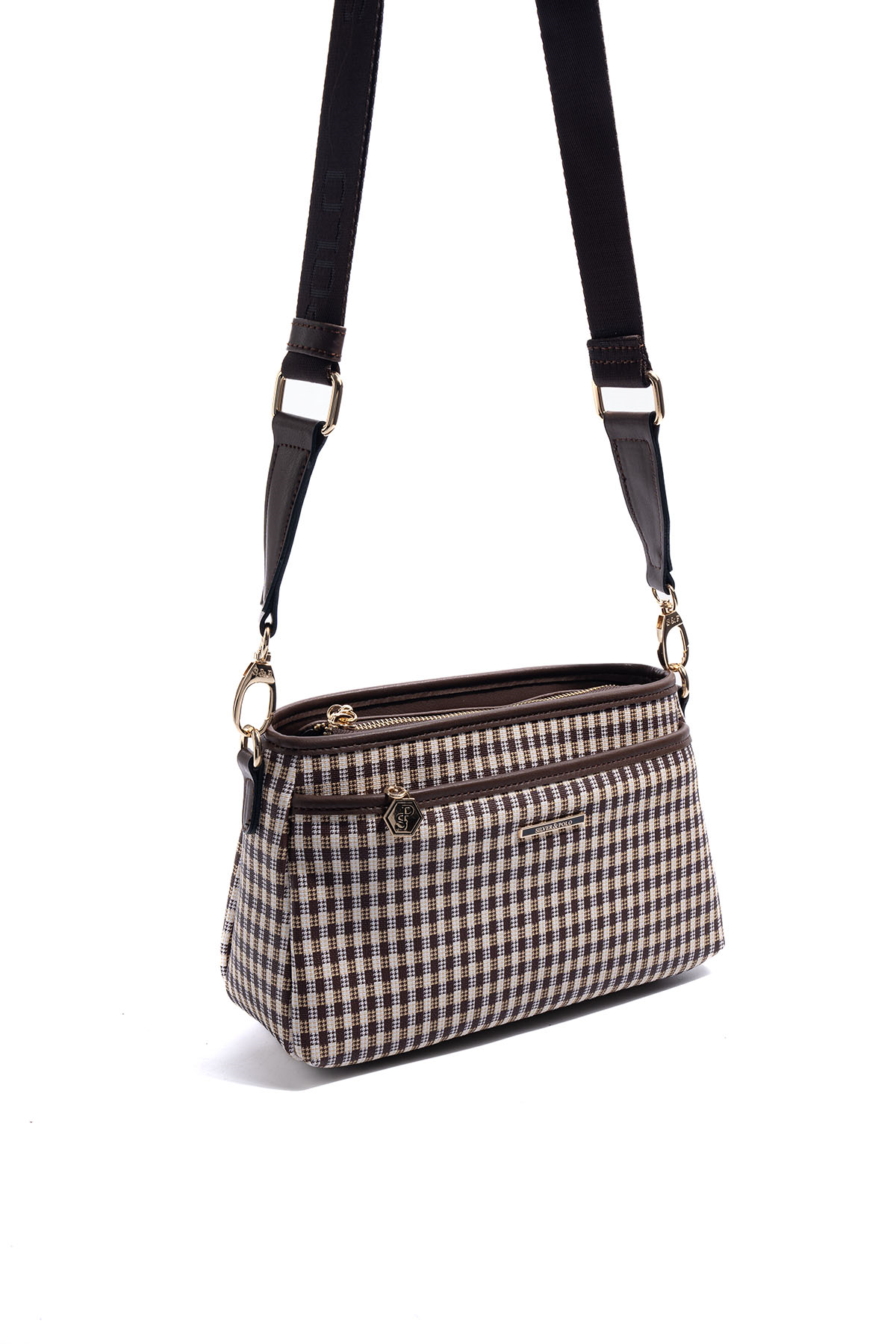 Silver & Polo SP1184 Kadın Çapraz Çanta Ekose Line Kare Kahve Sarı-Kahve