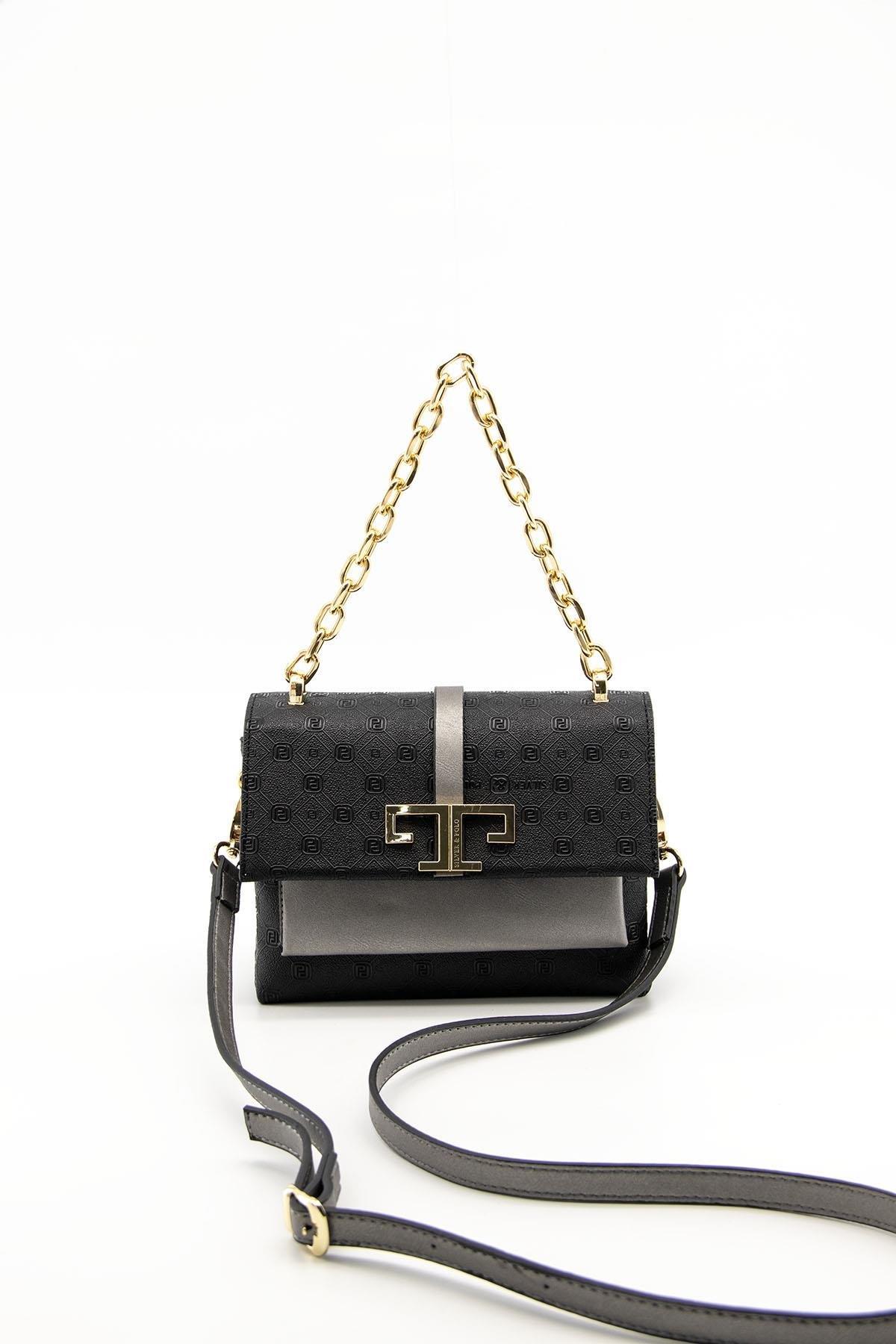 Silver & Polo SP1148 Kadın Çapraz Çanta Logolu Siyah-Platin