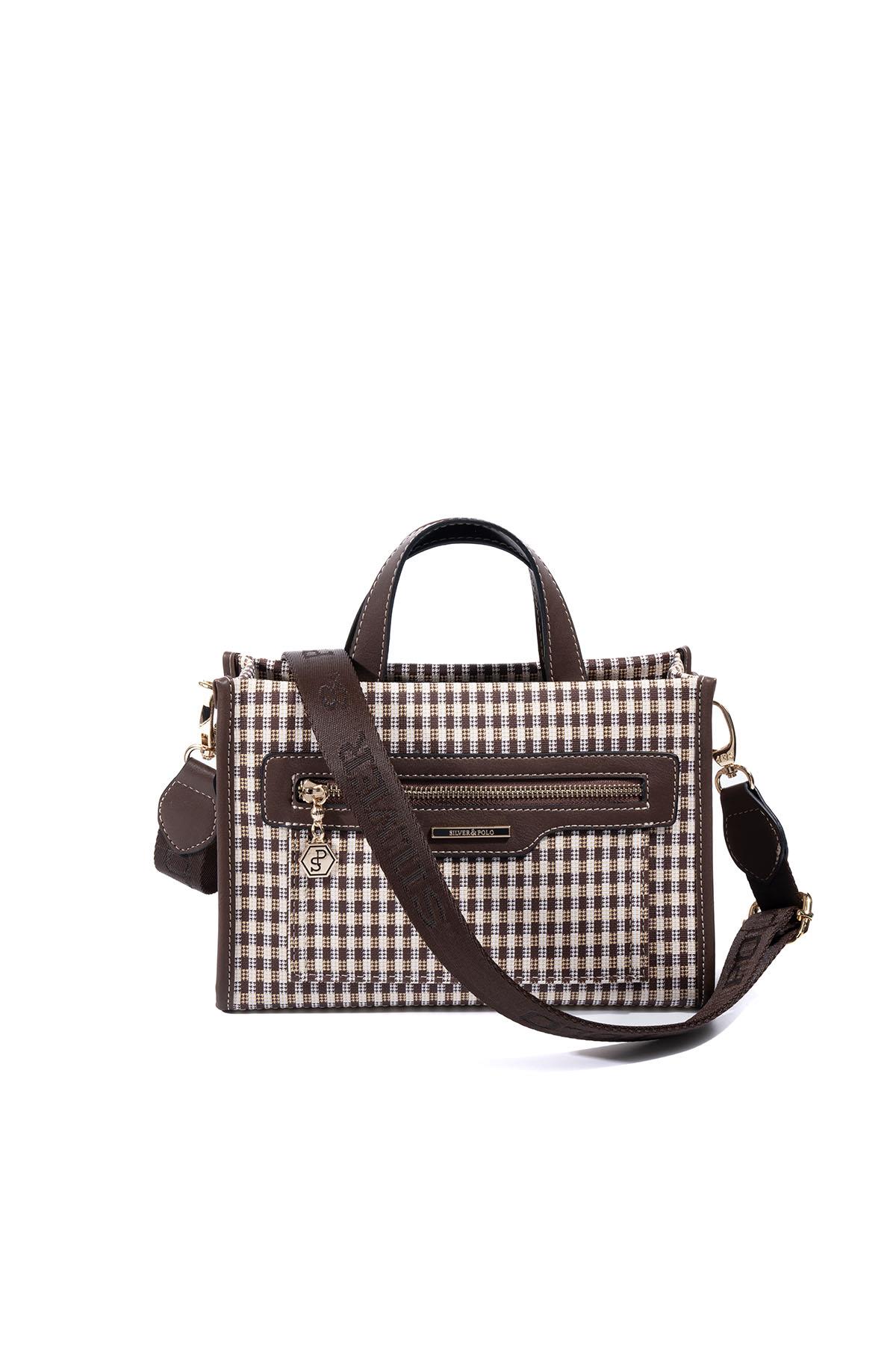 Silver & Polo SP1271 Kadın El Çantası Ekose Line Kare Kahve Sarı-Kahve