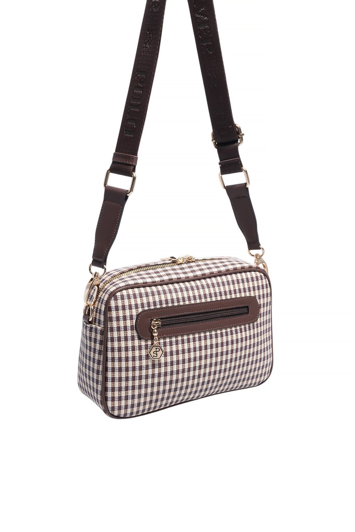 Silver Polo Kahve Sarı - Kahve Ekose Line Kare Kadın Çapraz Çanta SP1280