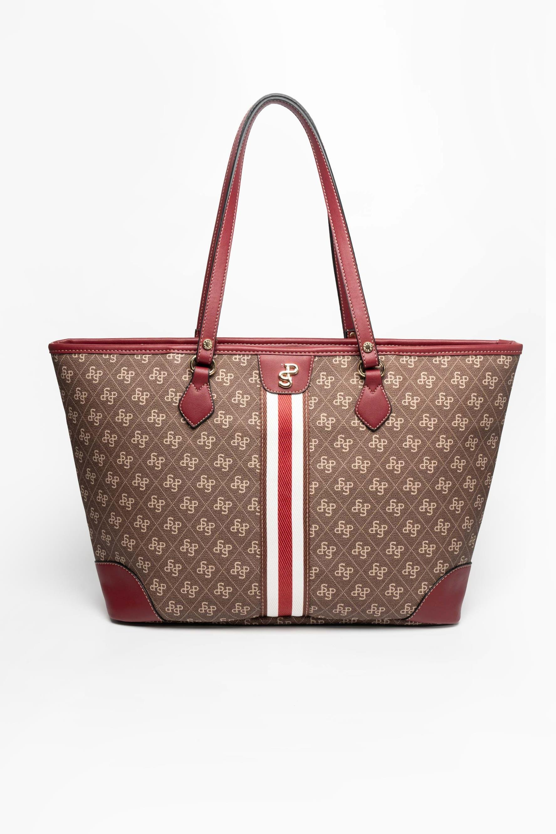 Silver Polo SP1169 Kadın Omuz Çantası Şeritli Monogram Kahve-Bordo