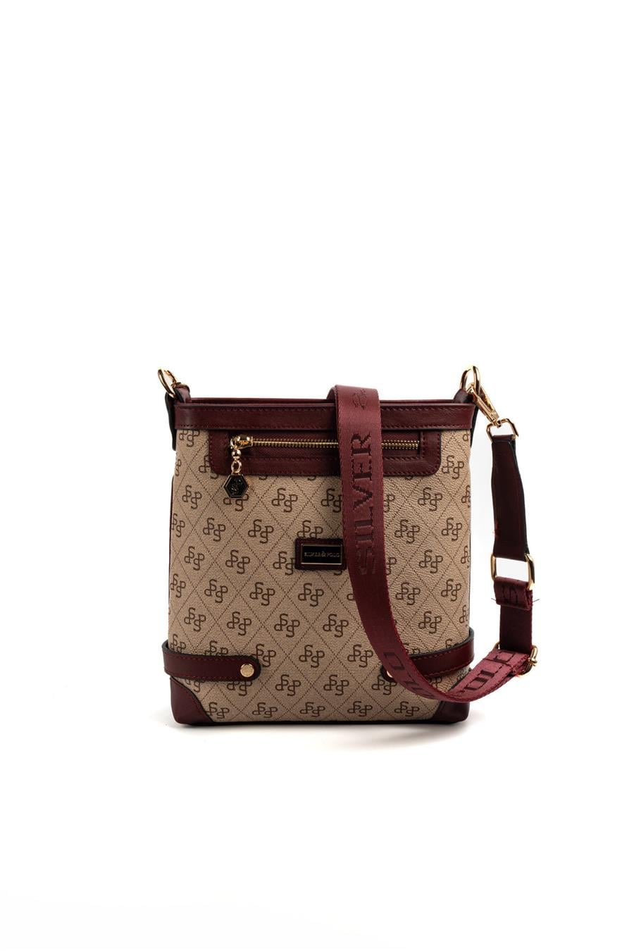 Silver Polo Koyu Bej - Bordo Monogram Kadın Çapraz Çanta SP1120