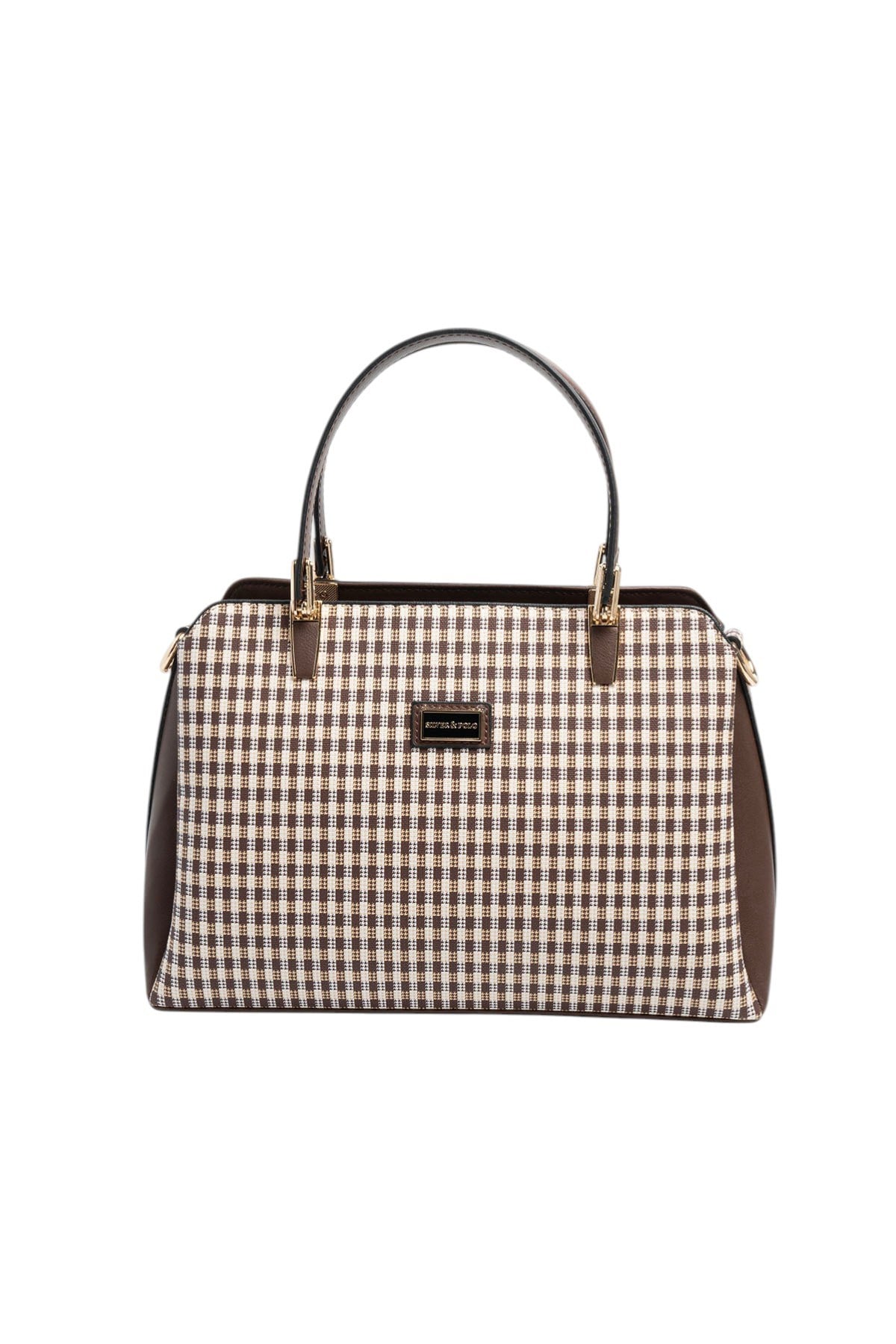 Silver & Polo SP9721 Kadın El Çantası Ekose Line Kare Kahve Sarı-Kahve
