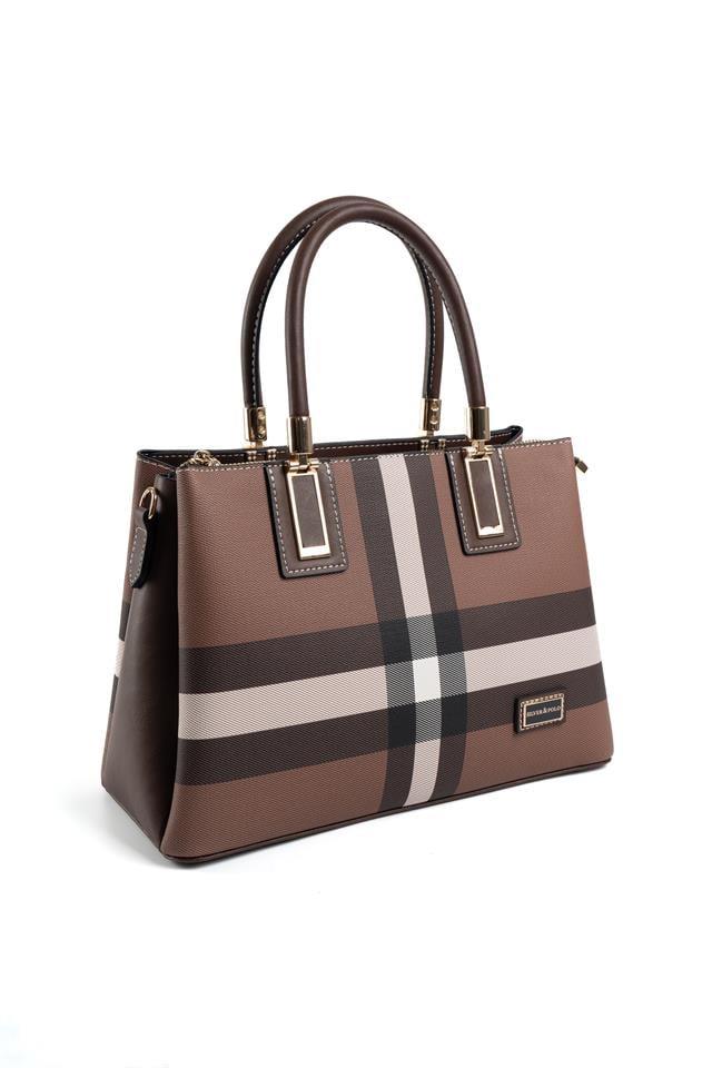 Silver & Polo SP1000 Kadın El Çantası Ekose Koyu Kahve-Kahve