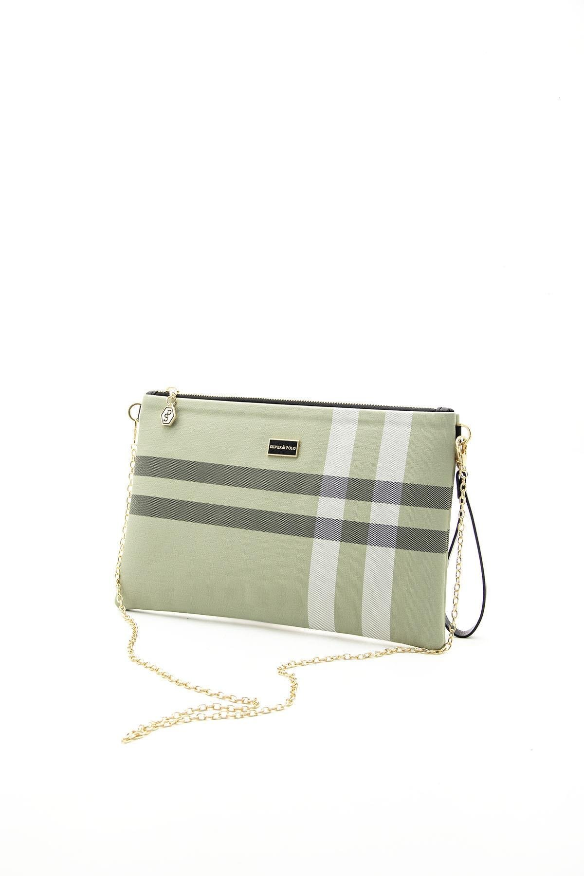 Silver Polo A.Yeşil - Kemik Ekose Kadın Portföy ve Clutch El Çantası SP1034