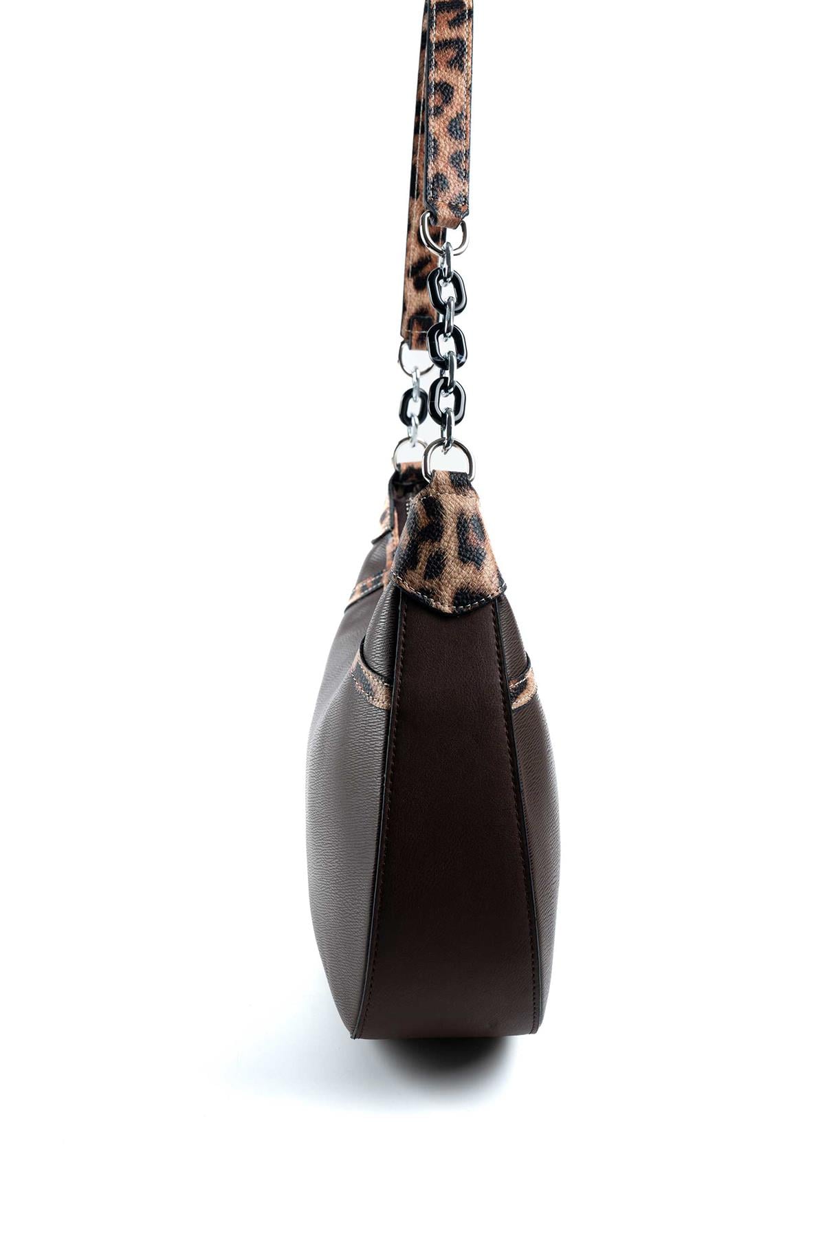 Silver Polo SP1255 Kadın Omuz Çantası Düz Kahve-Leopar Taba-Kahve