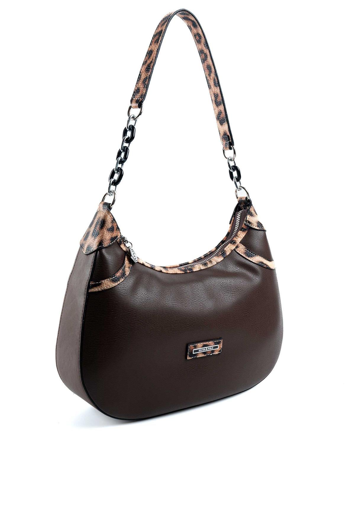 Silver Polo SP1255 Kadın Omuz Çantası Düz Kahve-Leopar Taba-Kahve