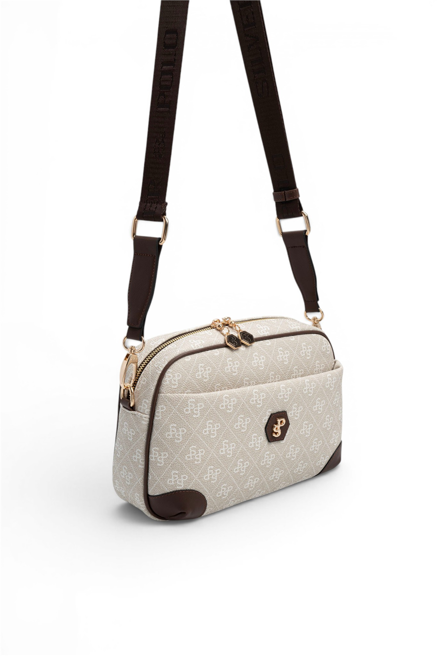 Silver Polo SP1094 Kadın Çapraz Çanta Monogram Taş-Kahve