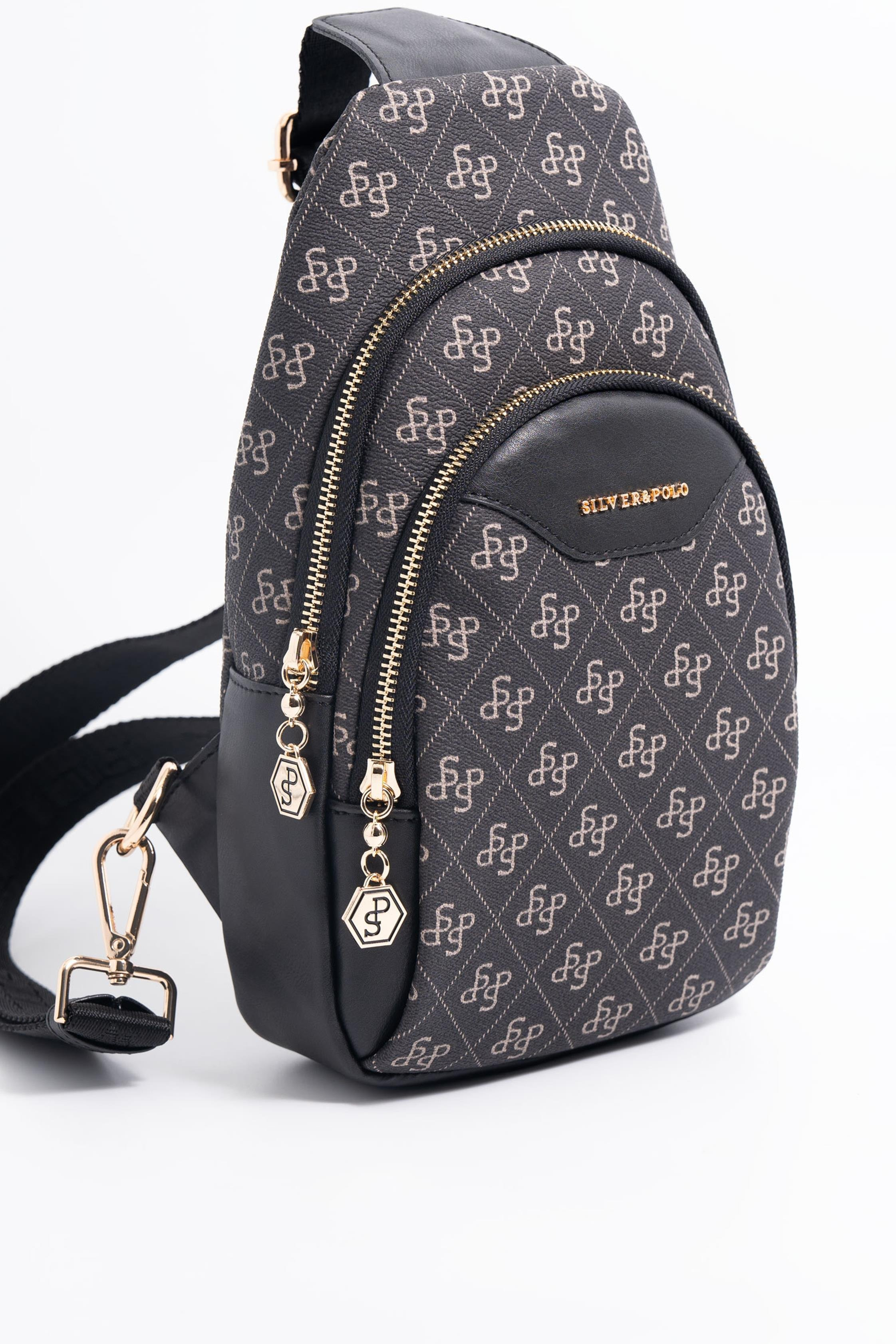 Silver & Polo SP959 Kadın Vücut Çantası Monogram Füme-Siyah