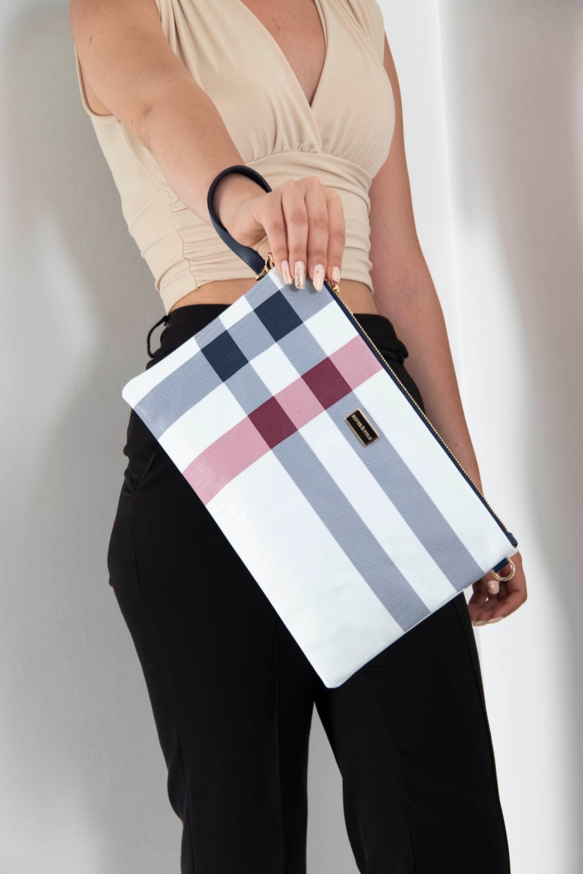 Silver Polo Beyaz - Lacivert Ekose Kadın Portföy ve Clutch El Çantası SP1034