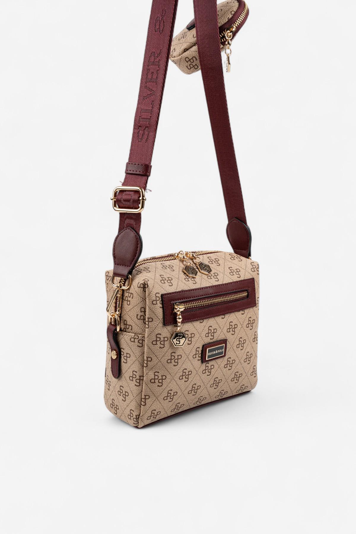 Silver Polo Koyu Bej - Bordo Monogram Kadın Çapraz Çanta SP1038