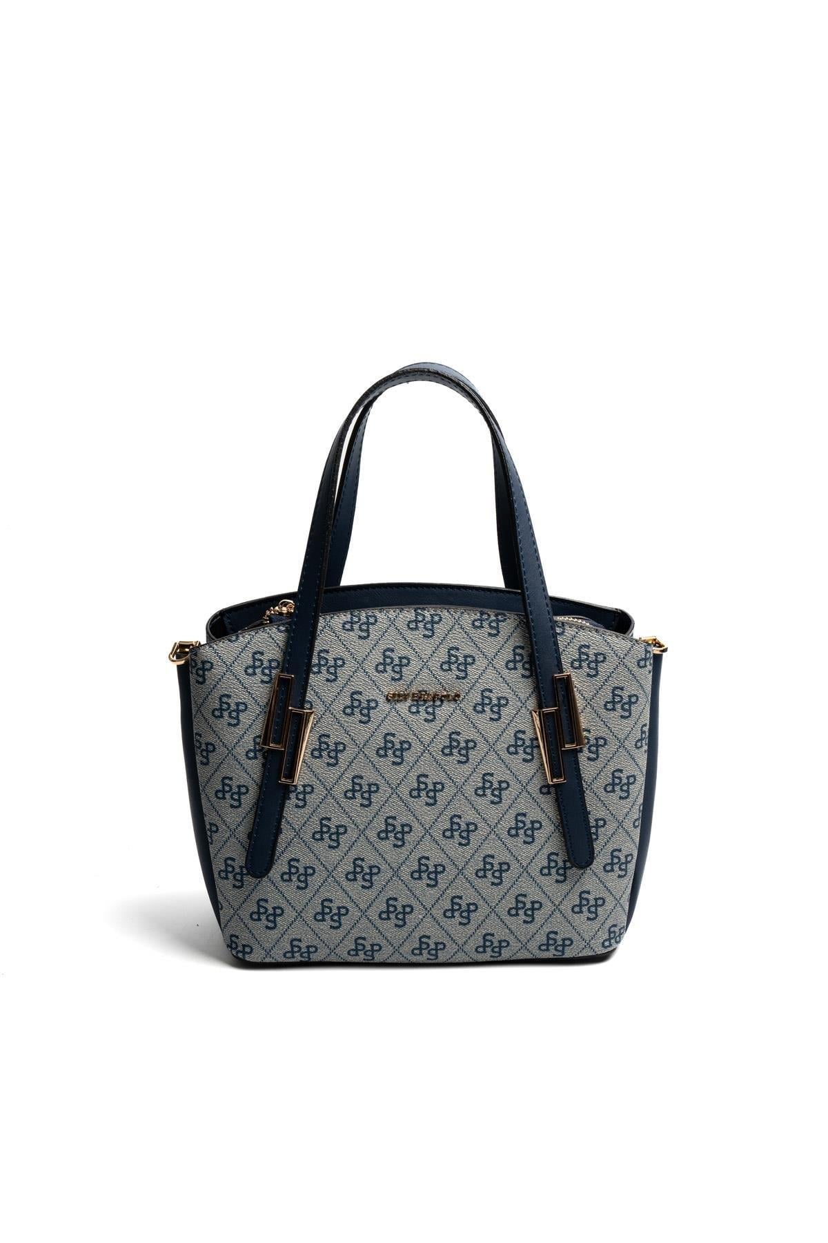 Silver & Polo SP1021 Kadın El Çantası Monogram Gri-Lacivert