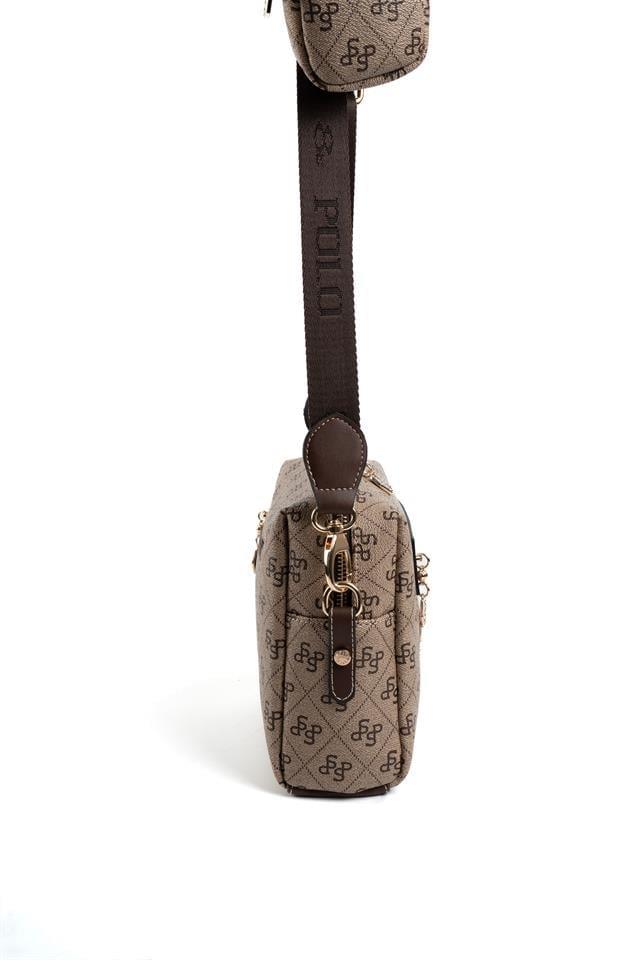 Silver & Polo SP1038 Kadın Çapraz Çanta Monogram Koyubej-Kahve