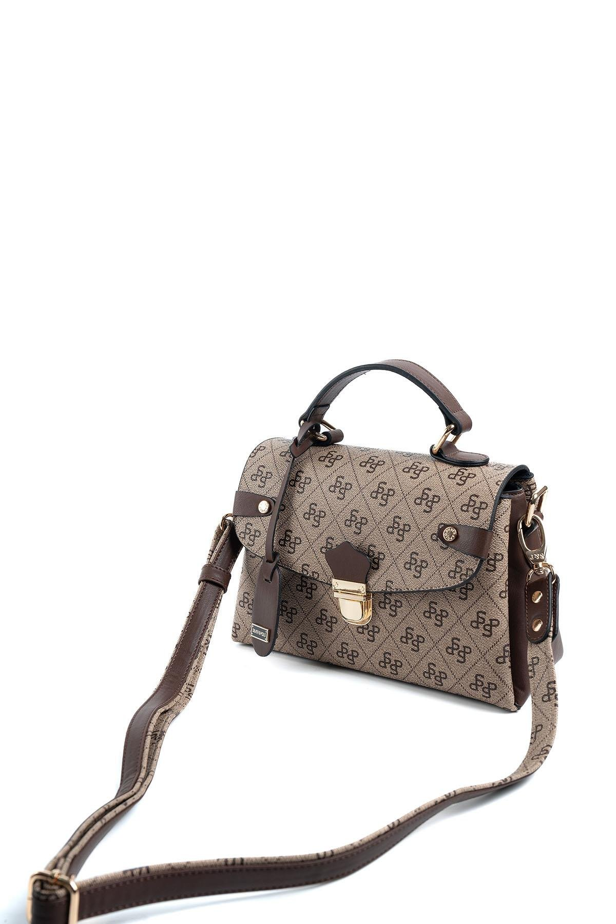 Silver & Polo SP1159 Kadın El Çantası Monogram Koyubej-Kahve