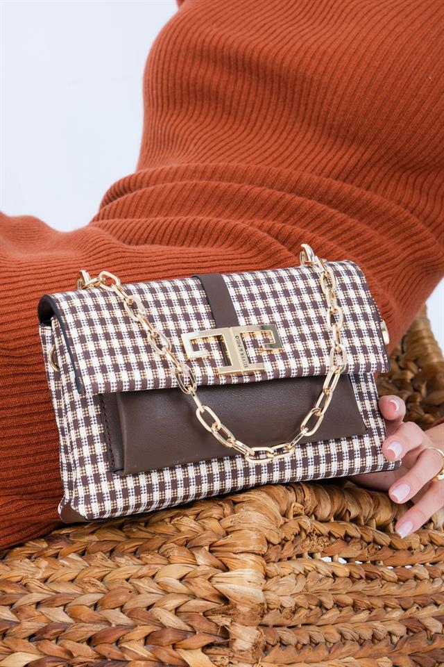 Silver Polo Kahve Sarı - Kahve Ekose Line Kare Kadın Çapraz Çanta SP1148