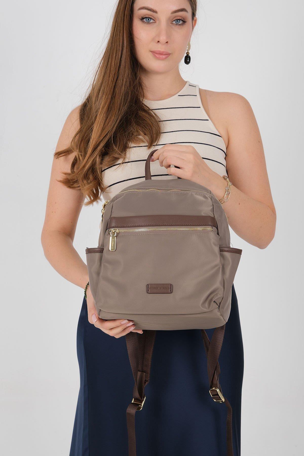 Silver Polo Kum - Kahve Saten Kadın Sırt Çantası SP1209
