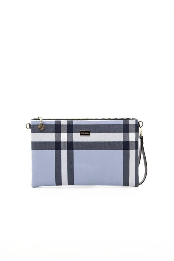 Silver Polo Mavi - Kemik Ekose Kadın Portföy ve Clutch El Çantası SP1034