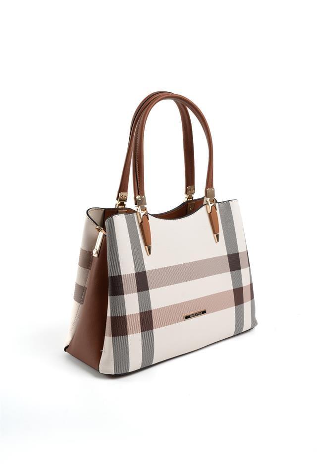 Silver & Polo SP1205 Kadın El Çantası Ekose Krem-Taba
