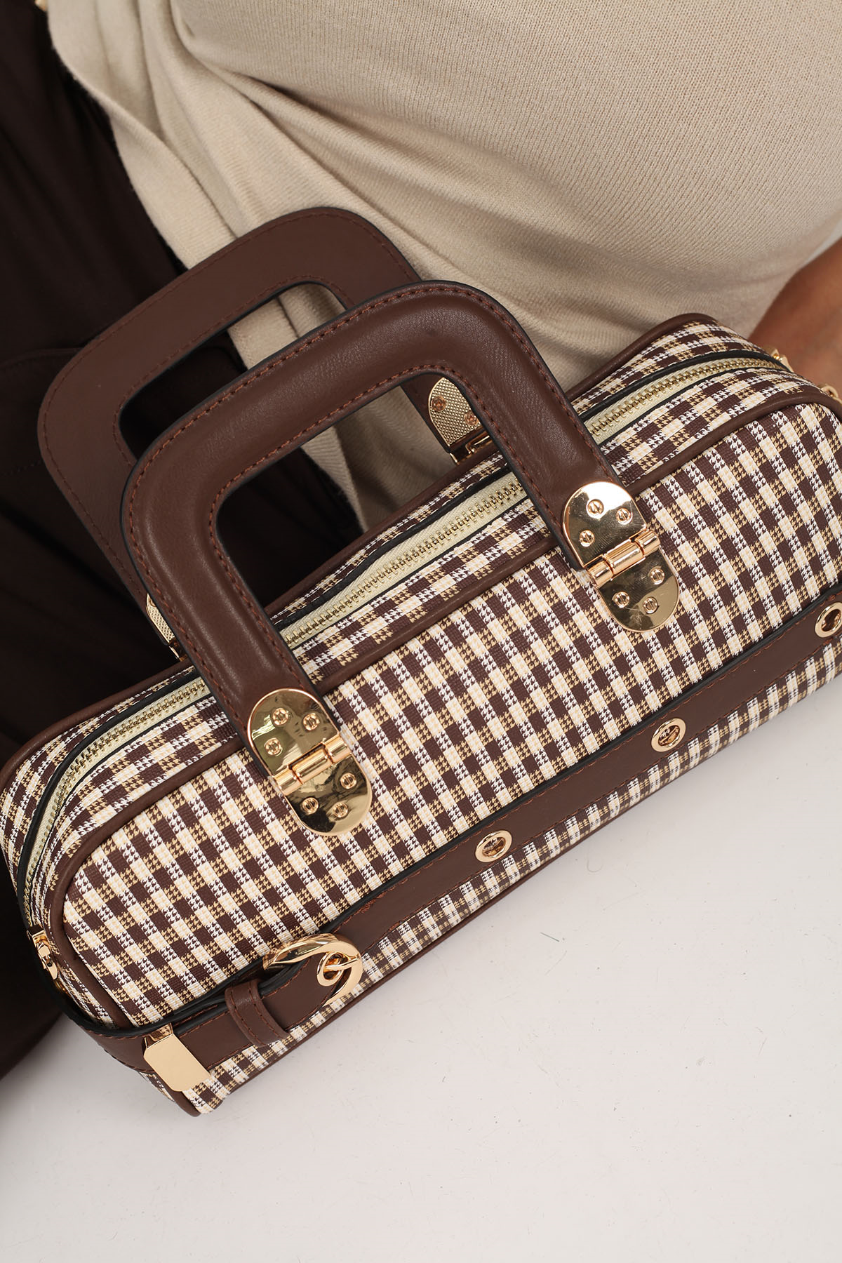 Silver Polo Kahve Sarı - Kahve Ekose Line Kare Kadın El Çantası SP1258