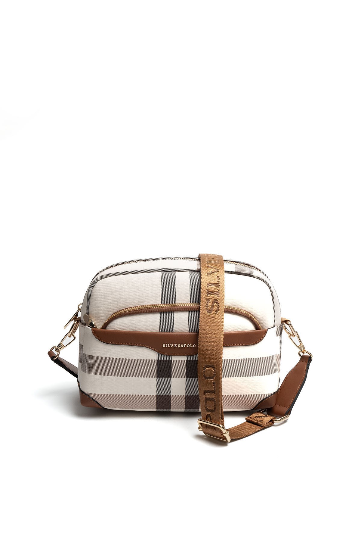 Silver & Polo SP1201 Kadın Çapraz Çanta Ekose Krem-Taba