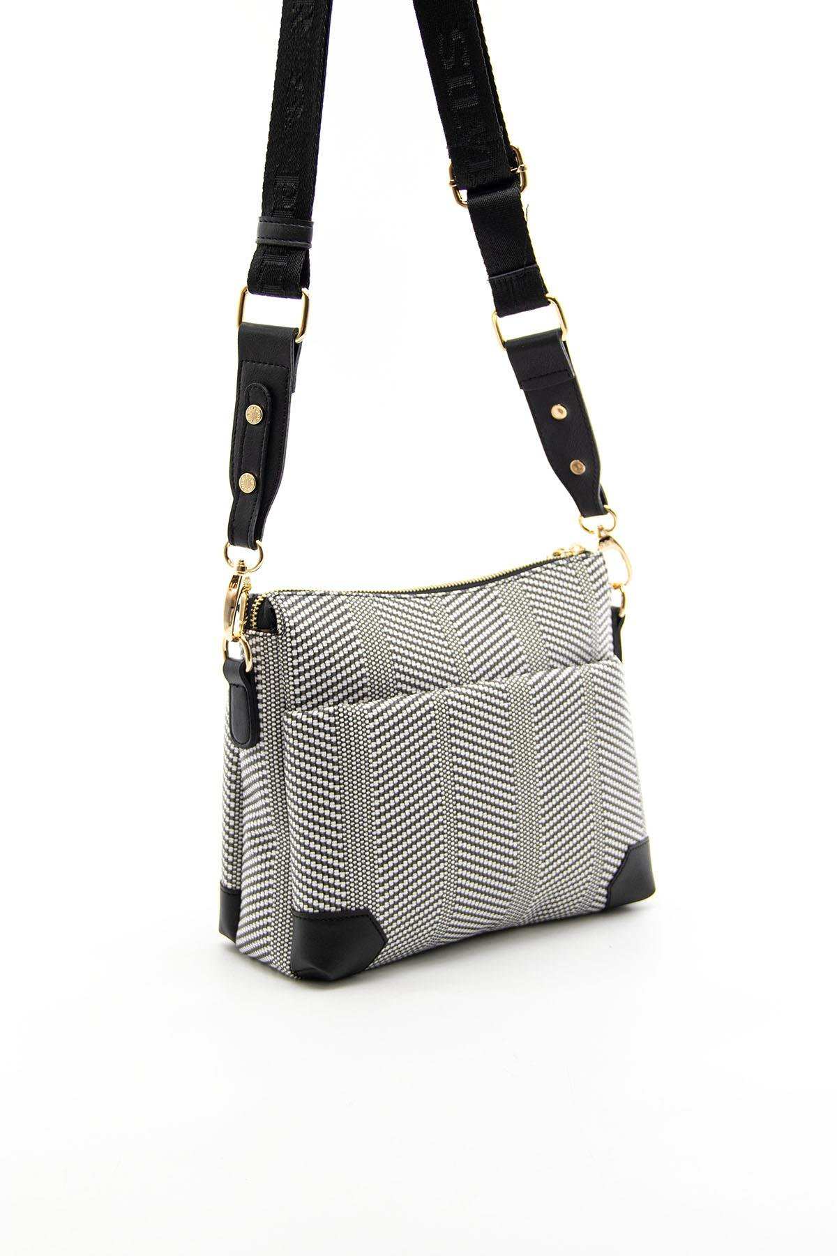 Silver Polo SP1110 Kadın Çapraz Çanta Hasır Siyah Beyaz-Siyah