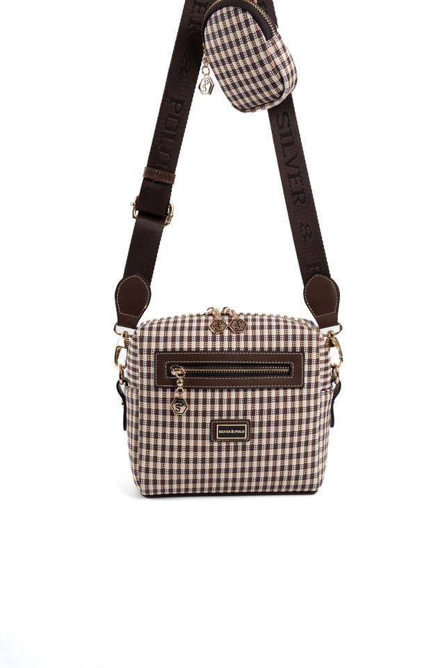 Silver & Polo SP1038 Kadın Çapraz Çanta Ekose Line Kare Kahve Sarı-Kahve